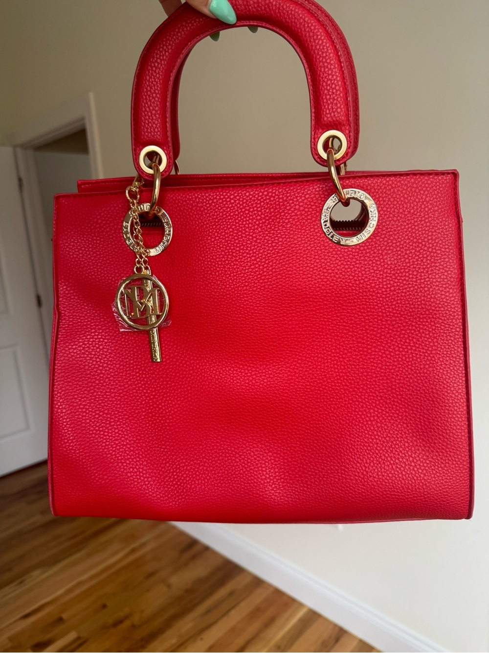 Red Structured Top-Handle Tote Bag with Gold Hardware